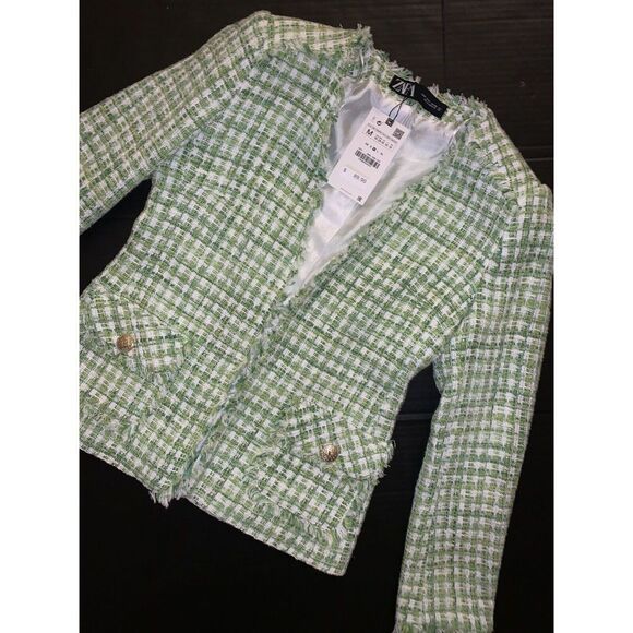 NWT Zara Tweed Jacket Blazer M GREEN WHITE fringed gold buttons plaid pockets - Picture 2 of 6